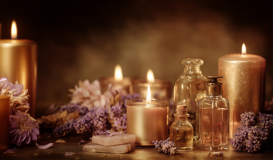 Golden candles lit up in a sacred display